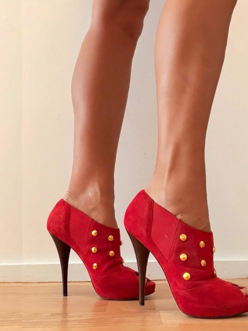Fendi Red Studded Peep-Toe Heels US 9.5